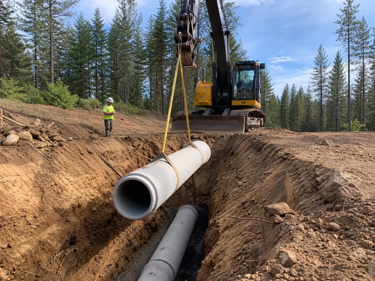Excavator lowering storm drain pipe into a prepared trench